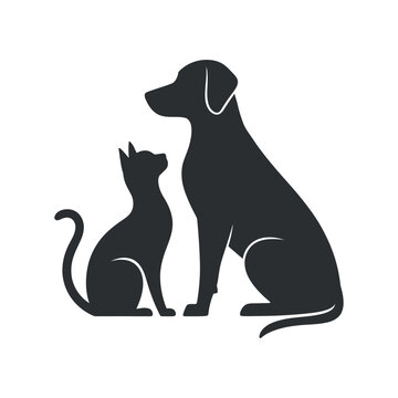 A simple black silhouette depicts a seated dog looking down at a small cat