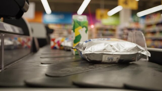 Cinematic close-up dolly shot focusing on generic packaged goods moving forward along a supermarket checkout conveyor belt system shopping, technology, movement