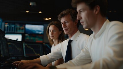 A global bank launching a green bond tied to emission reduction milestones, executives reviewing environmental impact projections and economic forecasts in a high-tech conference room. cinematic