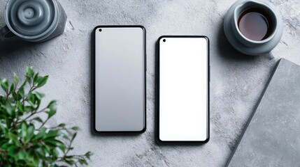 Two modern smartphones displayed on a textured surface beside a coffee mug and a plant, showcasing technology and lifestyle aesthetics