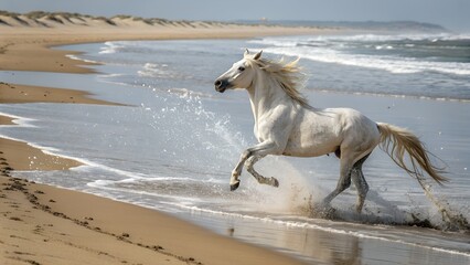 White Horse Gallop Along Sandy Beach  