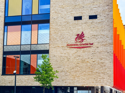 Pontypridd, Wales, UK - 6 May 2025: Front exterior view of offices of Rhondda Cynon Taf County Borough Council in the centre of Pontypridd