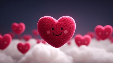 Obraz premium Plush Pink Heart: Smiling Fuzzy Love Symbol in Clouds
