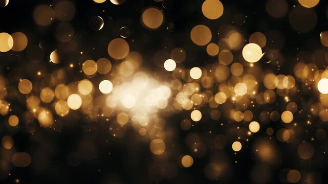 Abstract gold blurred bokeh background with lights particles on dark background. Defocused photo effect. Slow motion. New year and Christmas. 4K, social media