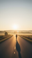 Fototapeta premium Person Walking Alone On Empty Road At Sunrise New Beginning Concept