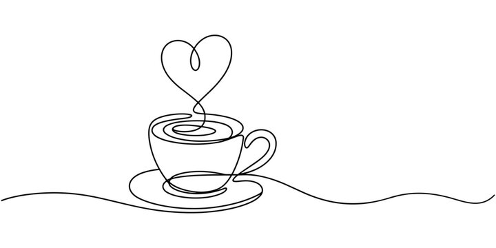 Self drawing line animation Coffee or tea cup with heart continuous one single line drawn concept video, Full length one line animation of cup of coffee with heart shape, Minimalist style single line.
