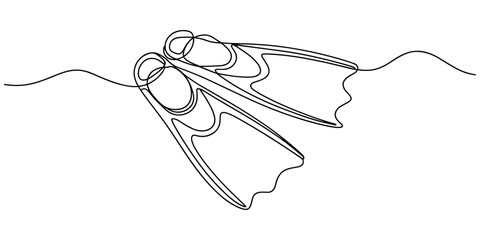 One continuous line drawing wetsuit, swimsuit, regulator, oxygen, mask, snorkel goggle and fins. Water sport scuba diving equipment concept. Dynamic single line draw design vector © Sahor