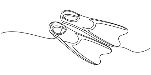 One continuous line drawing wetsuit, swimsuit, regulator, oxygen, mask, snorkel goggle and fins. Water sport scuba diving equipment concept. Dynamic single line draw design vector © Sahor