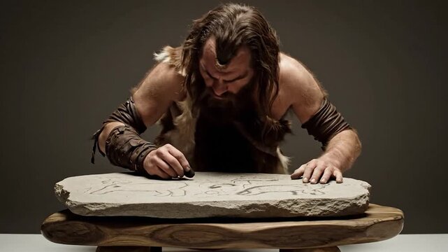 A caveman meticulously etches a drawing on stone, depicting animals, on a wooden pedestal