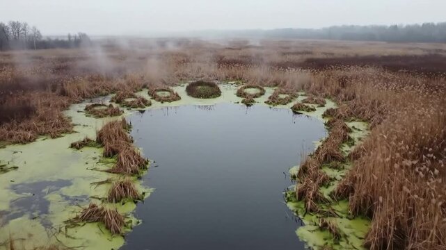 Drone view of a misty wetland with a small lake surrounded by brown reeds and green algae on a cloudy day