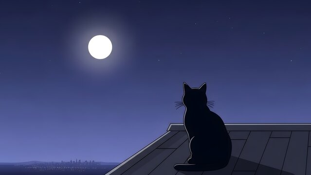 A black cat sits silhouetted on a rooftop under a bright full moon in a clear night sky.