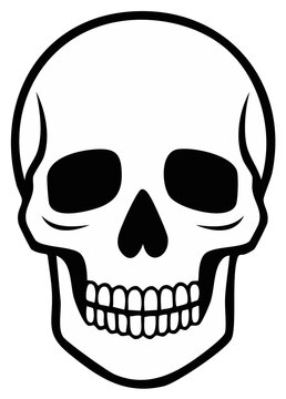 Bold black and white illustration of a human skull showing teeth and eye sockets