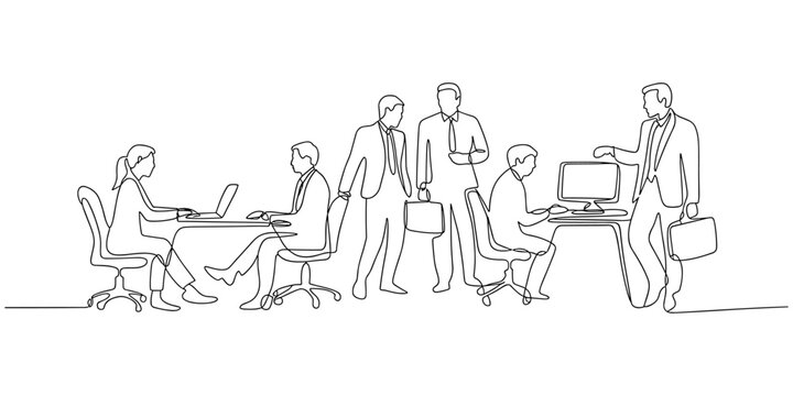 Continuous one line drawing young professionals are discussing team projects on the table, Continuous one line art of office workers at business meeting. 