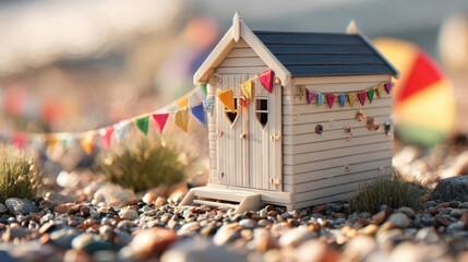 A miniature beach hut adorned with colorful flags.