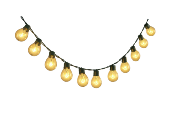 Photorealistic string of warm golden incandescent holiday lights in an elegant swag, isolated on a seamless transparent high-key studio background with copy space. Concept for christmas product