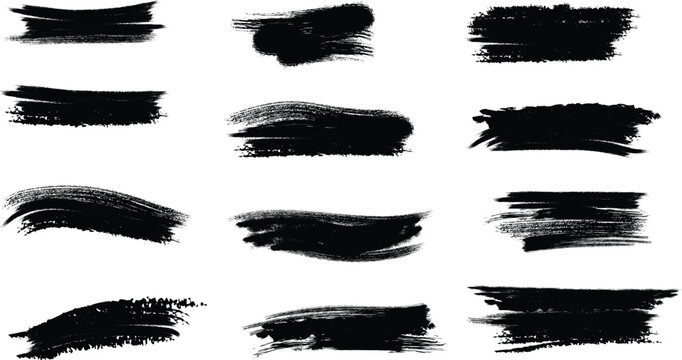 Collection of black brush strokes on white background for art and design