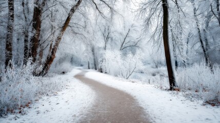 Obraz premium A winding path through a frosted winter wonderland.