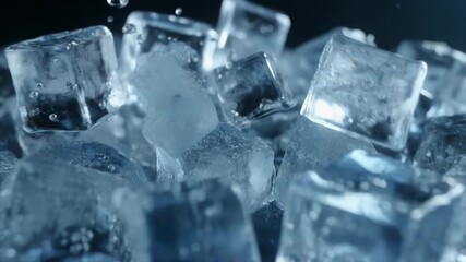 A panoramic sequence of water droplets falling and splashing on fresh ice cubes. This cool and refreshing concept is ideal for beverage advertising or summer promotions