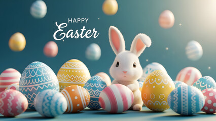 Happy easter bunny surrounded by colorful eggs