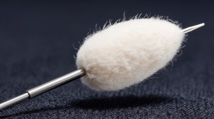 Pure white cotton fiber tuft on metal rod showing delicate texture for polishing or crafting