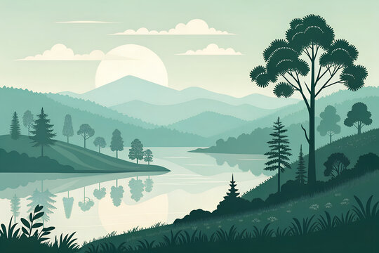 Minimalist vector art of Yercaud hills with lake