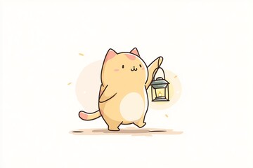 Kawaii Cat Holding Lantern in Moonlight