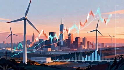 Wind turbines and city skyline with financial charts - Powered by Adobe
