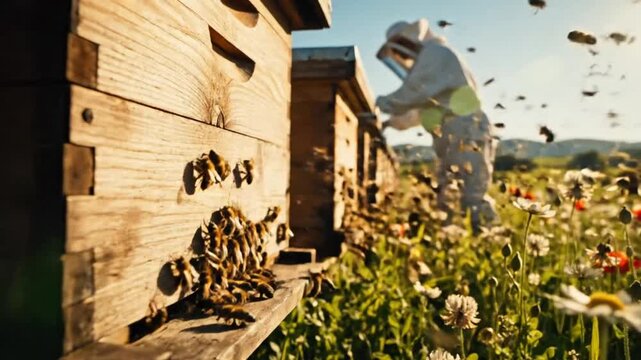Beekeeper in protective suit inspects wooden beehives with buzzing bees in a vibrant wildflower field on a sunny day