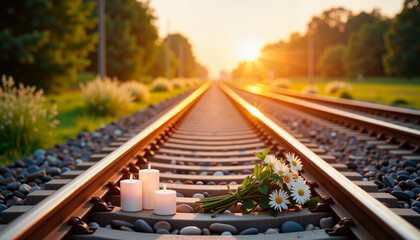 Memorial flowers and candles laid on train tracks at sunset in memory of the Holocaust.