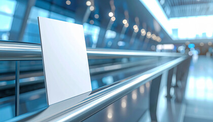Obraz premium Blank card on rail in modern airport terminal with blurred background and lights