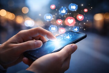 Person Using Smartphone with Floating Heart and Thumbs Up Social Media Icons