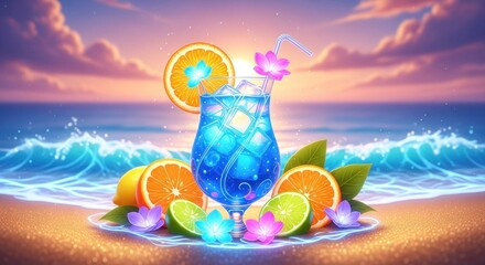 A vibrant beach scene with a colorful cocktail, fresh fruits, and a beautiful sunset.