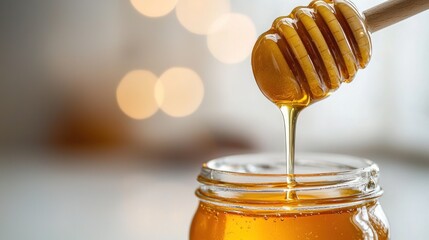 Honey drizzling into glass jar close up