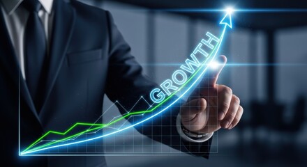 Growth business chart arrow increase illustrate professional hand guiding an upward graph to convey momentum revenue growth and strategic performance