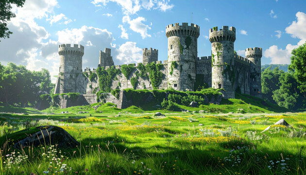 medieval castle on a hill with overgrown vegetation