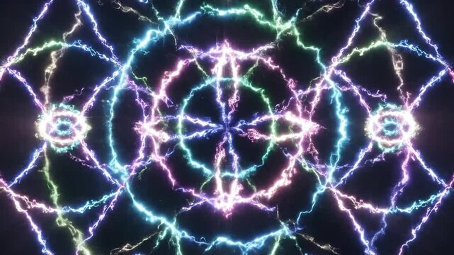 Electrified rings burst outward in geometric harmony crafting a high tech neon mosaic pattern with cinematic glowing layers enhanced