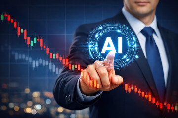 Ai business finance data analytics urgent professional pointing at AI icon over falling stock chart conveying market disruption and strategic decision pressure