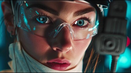 Intense gaze of a female scientist in futuristic protective glasses analyzing complex data - Powered by Adobe