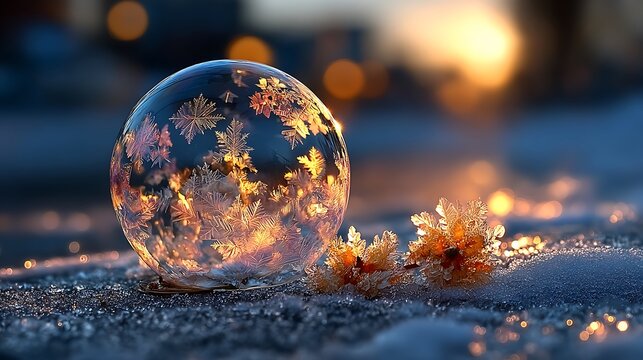 Macro frozen bubble resting on fresh snow surface images