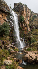 Obraz premium Tall waterfall cascading down rocky cliff face in South Africa, dramatic natural landscape with rugged terrain and overcast sky