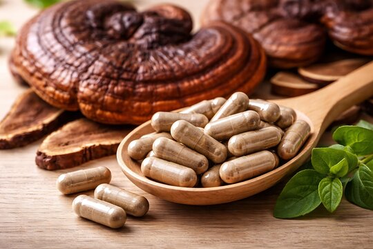 Ganoderma Lucidum Mushrooms and Capsules on a Wooden Spoon