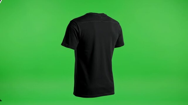 Blank black crewneck t-shirt slowly floating and rotating against a bright chroma key green screen background for easy keying and compositing textile isolation, technical footage, e-commerce tool