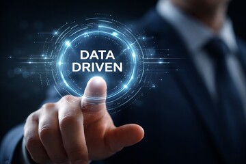 Businessman touching glowing network interface representing data-driven decisions and digital transformation