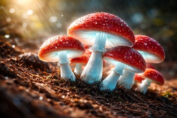 Close-up of red Amanita muscaria mushrooms with water droplets, bathed in warm sunlight