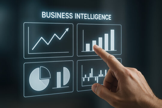 Business intelligence dashboard analytics charts growth A professional hand interacts with a glowing data interface conveying confidence and strategic insight - Powered by Adobe