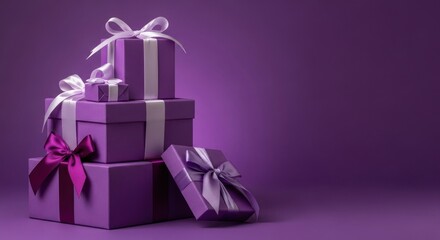 Purple gift boxes with ribbons on a purple background.