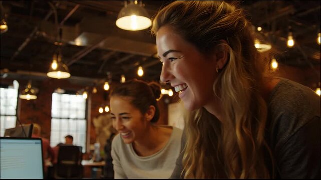 Senior female software developer working late in a cozy office environment with warm lighting and multiple screens writing code.