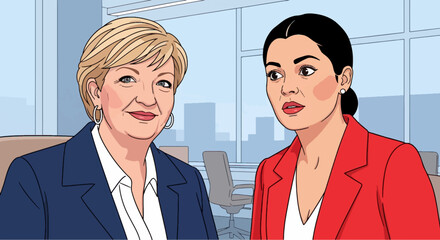 Two women are talking in a room. One of them is wearing a red jacket. The other woman is wearing a blue jacket