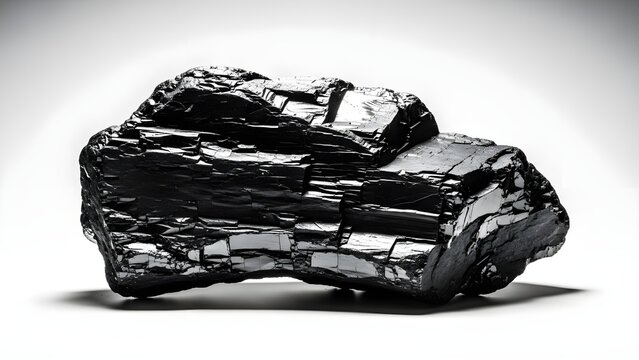 A close up studio shot showcases the deep glossy black texture and sharp fractured facets of a raw piece of anthracite coal mineral specimen isolated against a clean white background.