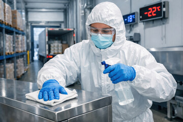 Cold chain disinfecting protective suit temperature display freezer sanitation — Worker in full protective suit disinfecting stainless steel surface in a cold storage warehouse